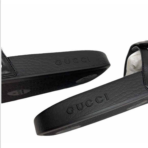 Gucci Logo Black Leather Men’s Pool Slides - Picture 10 of 15